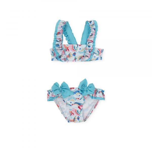 Bikini de bebé niña estampado con volantes y lazos decorativos
