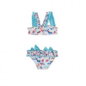 Bikini de bebé niña estampado con volantes y lazos decorativos