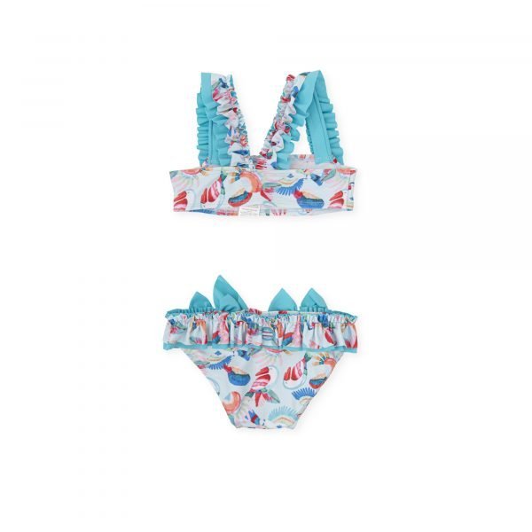 Bikini de bebé niña estampado con volantes y lazos decorativos